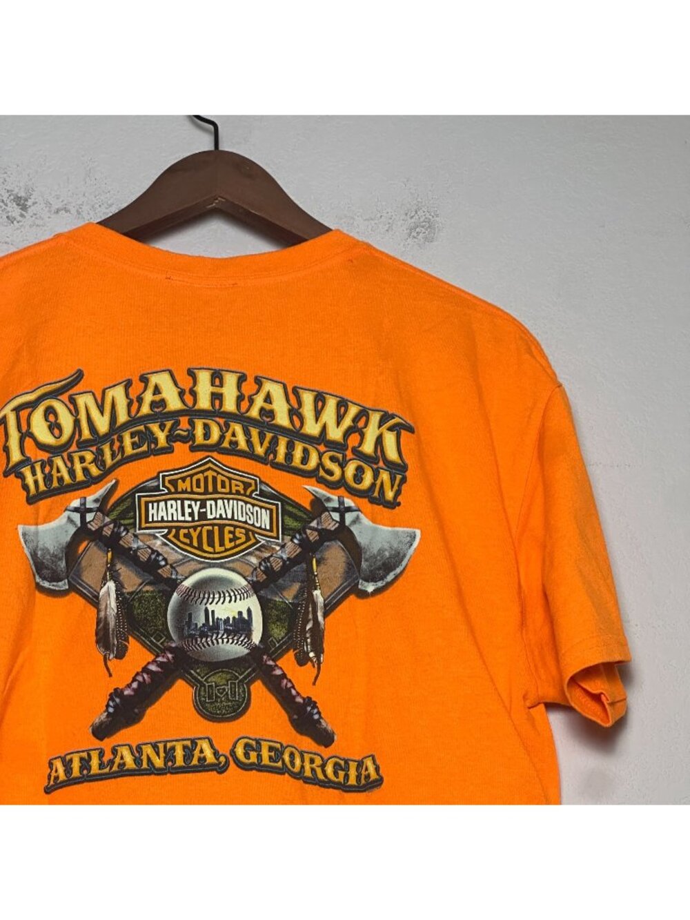 Harley Davidson Men L Orange Graphic T-shirt Atlanta GA Biker Motorcycle Retro